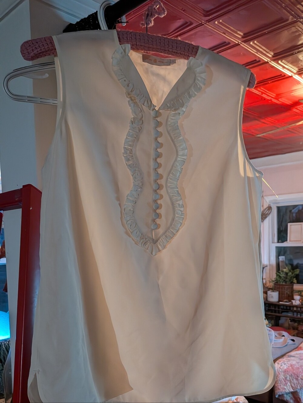 Tory Burch Cream Knit-Trim Top 100%silk